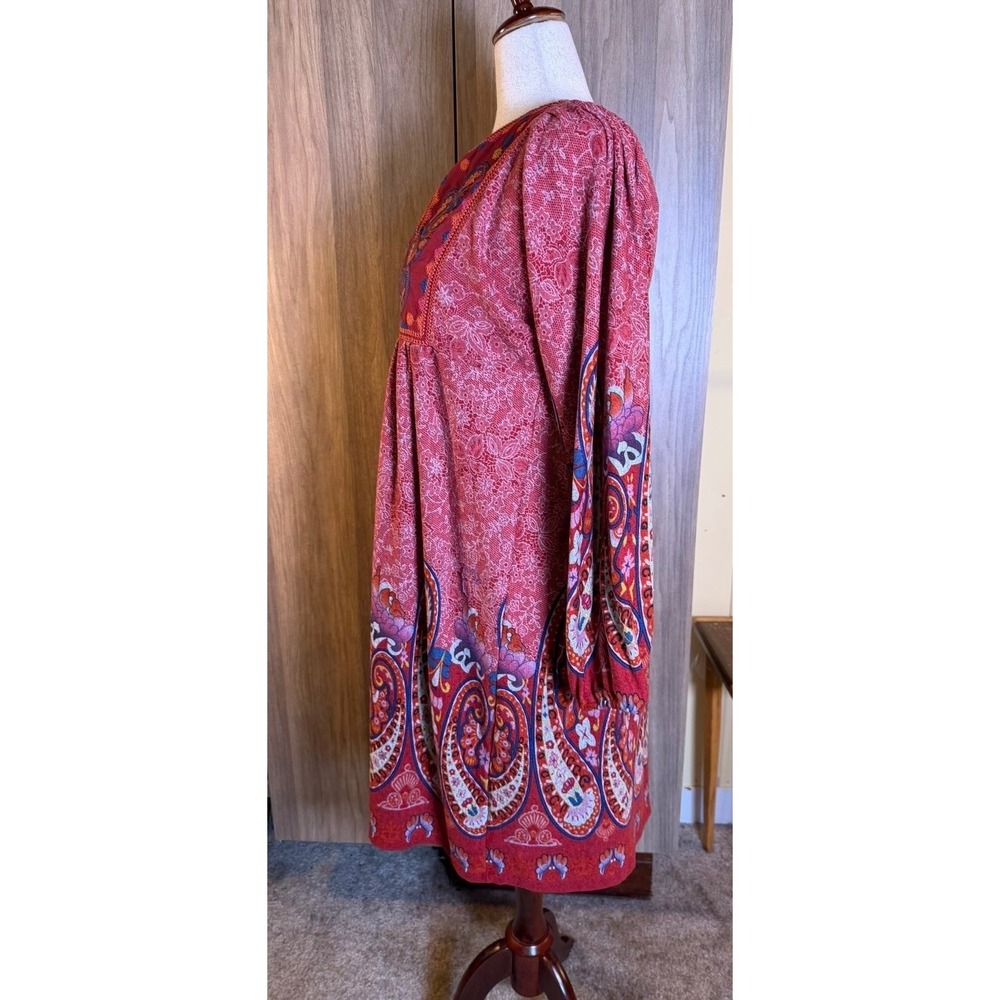 455. Boho Womens XL Red Paisley Embroidered V-Neck Boho Tunic Mini Dress - Picture 3 of 6